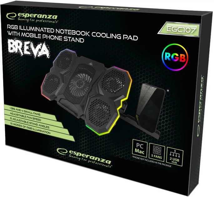 Podkładka chłodząca Esperanza (EGC107) (Breva) z podstawką pod telefon Czarny/RGB - obraz 8