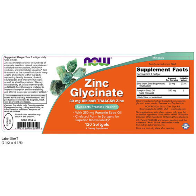 Микроэлемент Цинк NOW Foods Zinc Glycinate 30 mg 120 Softgels – фото ...