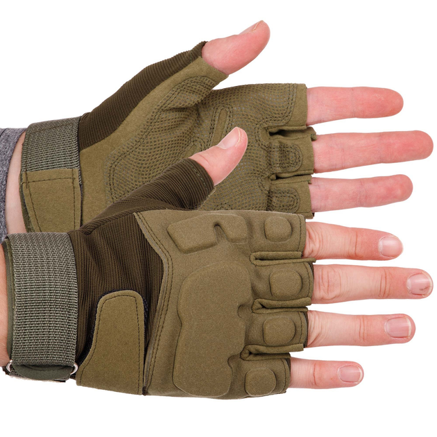 Плотные тактические перчатки армейские с открытыми пальцами на липучке для рыбалки охоты PRO TACTICAL оливковые АН8811 размер XL - изображение 1