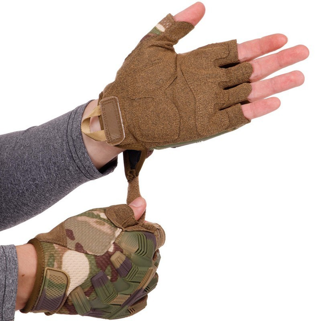 Плотные тактические перчатки армейские с открытыми пальцами на липучке для рыбалки охоты PRO TACTICAL камуфляжные АН8808 размер XL - изображение 2