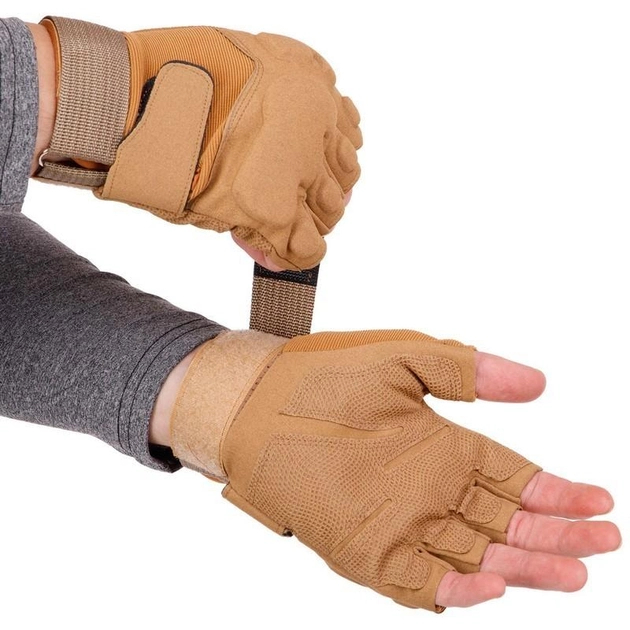 Щільні тактичні армійські рукавички з відкритими пальцями на липучці для риболовлі полювання PRO TACTICAL хакі АН8811 розмір L - зображення 2