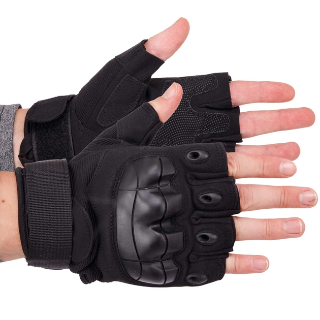 Защитные тактические военные перчатки без пальцев с защитными костяшками для охоты PRO TACTICAL черные АН8805 размер М - изображение 1