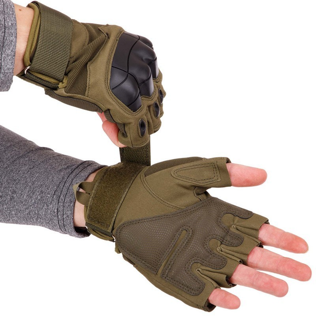Захисні тактичні військові рукавички без пальців із захисними кісточками для полювання PRO TACTICAL оливкові АН8805 розмір М - зображення 2