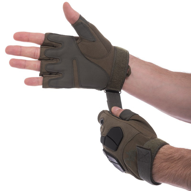 Тактичні рукавиці з відкритими пальцями протектором SILVER KNIGHT Для полювання туризму Оливковий (YQS-3) L - изображение 1