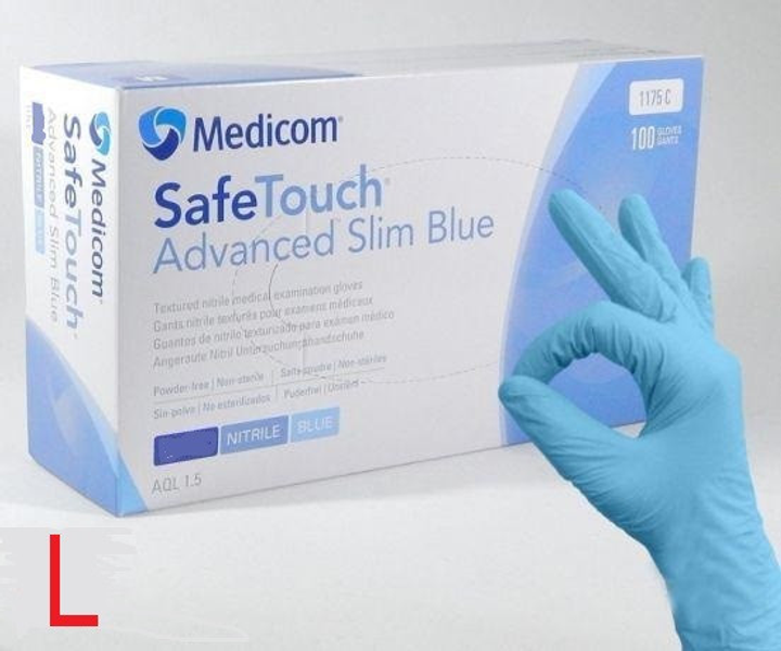 Перчатки нитриловые неопудренные голубые, размер L (100 шт/уп) Medicom Advanced Slim Blue 3,6г. - изображение 1