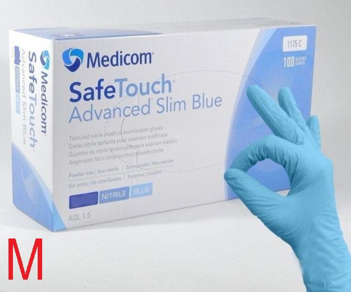Перчатки нитриловые неопудренные голубые, размер M (100 шт/уп) Medicom Advanced Slim Blue 3,6г. - изображение 1