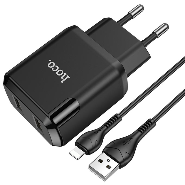 Сетевое зарядное устройство для телефона + кабель Lightning Apple HOCO N7 |2USB 2.1A| Черный - Фото 4 Сетевое зарядное устройство для телефона + кабель Lightning Apple HOCO N7 |2USB 2.1A| Черный - изображение 4