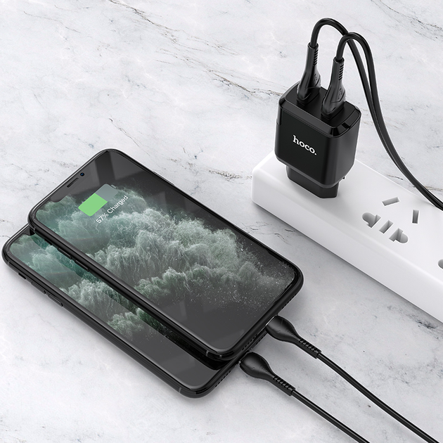 Сетевое зарядное устройство для телефона + кабель Lightning Apple HOCO N7 |2USB 2.1A| Черный - Фото 5 Сетевое зарядное устройство для телефона + кабель Lightning Apple HOCO N7 |2USB 2.1A| Черный - изображение 5