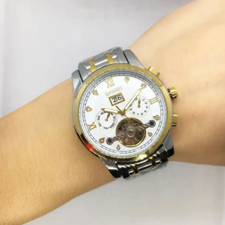 Мужские часы Skmei Механические M-029 Белый/желтое золото с