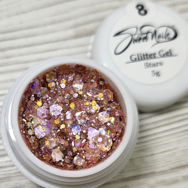 Глиттерный гель для ногтей Sweet Nails Stars №8 (янтарный эффектом ...