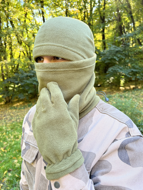 Комплект флісова шапка + баф + рукавички (військовий, тактичний), колір Хакі - зображення 1