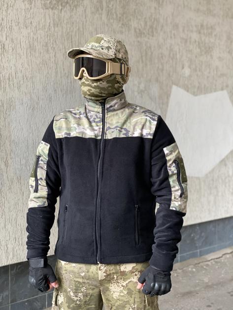 Кофта флисовая мужская военная тактическая с липучками под шевроны ВСУ (ЗСУ) Мультикам 8045 52 размер черная (SKU_4403155) - изображение 2