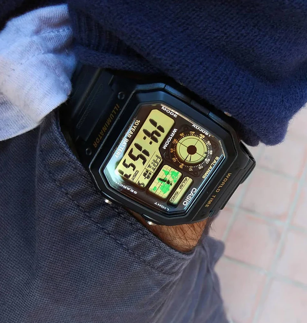 Мужские наручные часы Casio ILLUMINATOR AE-1200WH-1BVEF Черные\зеленый экран - изображение 4