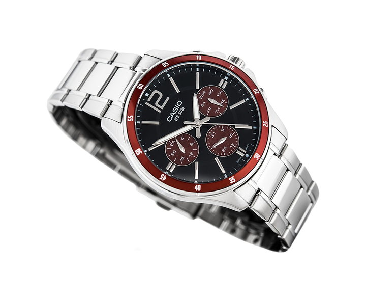 Наручные удобные часы Casio MTP-1374D-5AVВF Черные с красным/серебристым - изображение 5