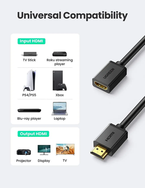 Кабель видео HDMI-удлинитель Ugreen 4K HDMI Extender Male to Female 2 м Black (HD107) - Фото 5 Кабель видео HDMI-удлинитель Ugreen 4K HDMI Extender Male to Female 2 м Black (HD107) - изображение 5