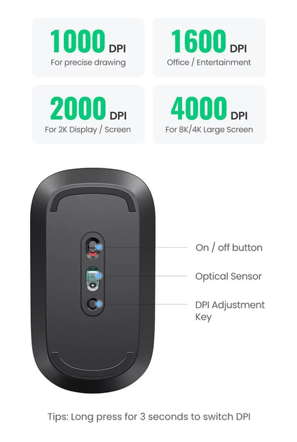Бездротова миша UGREEN 4000 DPI планшета комп'ютера ноутбука Midnight Black (MU001) - Фото 5 Бездротова миша UGREEN 4000 DPI планшета комп'ютера ноутбука Midnight Black (MU001) - зображення 5