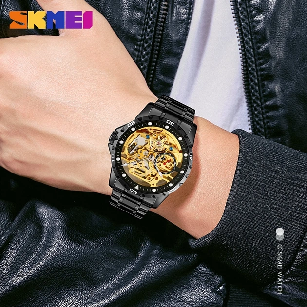 Мужские часы Skmei Механические 9230 Желтое золото с черным ремнем