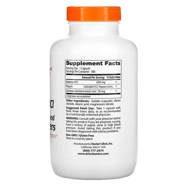 Бетаина гидрохлорид, пепсин и горечавка Doctor's Best "Betaine HCL ...