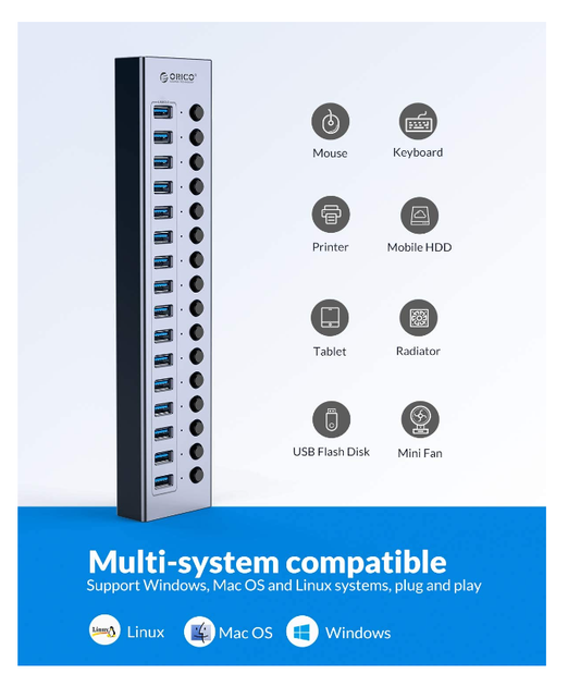 USB хаб Orico BT2U3-16AB USB 3.0 16 портів алюмінієвий з блоком живлення hub концентратор - зображення 2