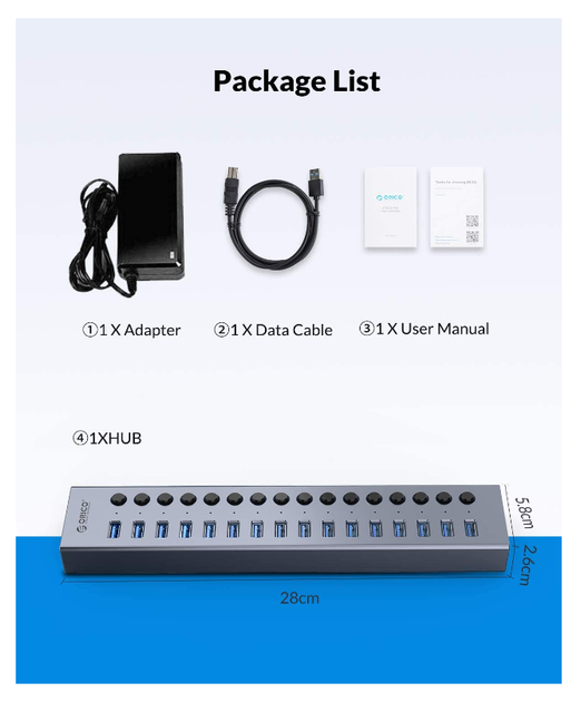 USB хаб Orico BT2U3-16AB USB 3.0 16 портів алюмінієвий з блоком живлення hub концентратор - зображення 4