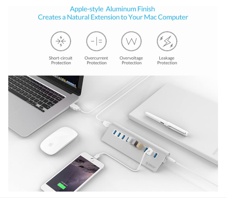 USB хаб Orico M3H10 USB 3.0 10 портів з блоком живлення hub концентратор алюмінієвий - зображення 6