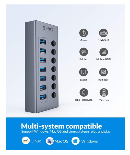 USB хаб Orico BT2U3-7AB USB 3.0 7 портів алюмінієвий з блоком живлення hub концентратор - зображення 3