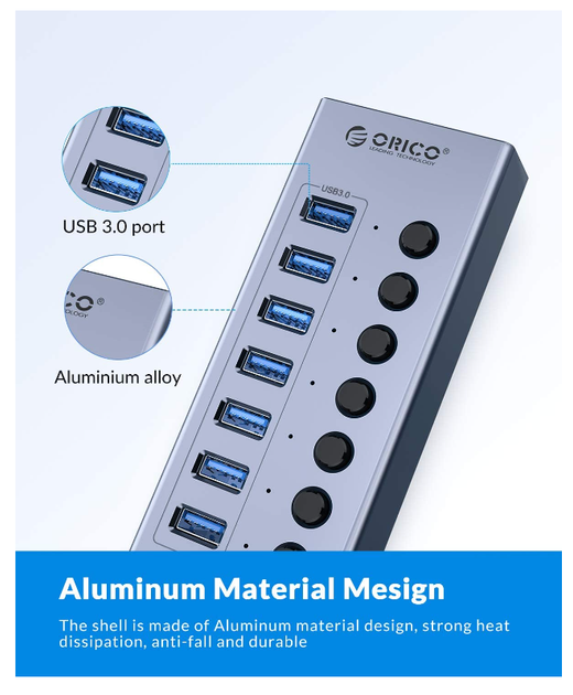 USB хаб Orico BT2U3-16AB USB 3.0 16 портів алюмінієвий з блоком живлення hub концентратор - зображення 5