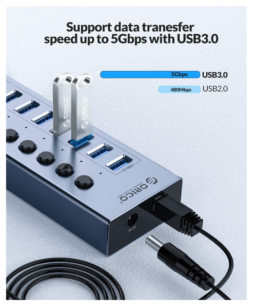 USB хаб Orico BT2U3-16AB USB 3.0 16 портів алюмінієвий з блоком живлення hub концентратор - зображення 6