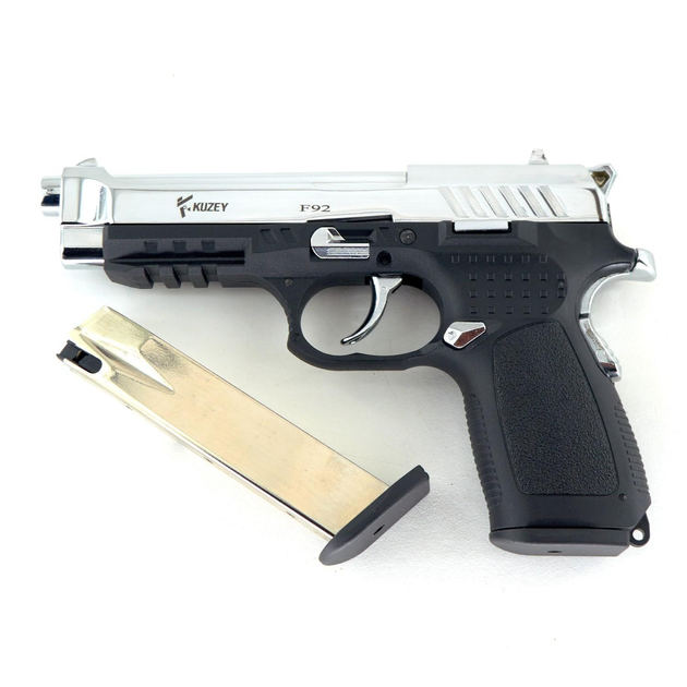 Стартовый сигнальный пистолет Kuzey F 92 Chrome под холостой патрон 9 мм с дополнительный магазином - изображение 1