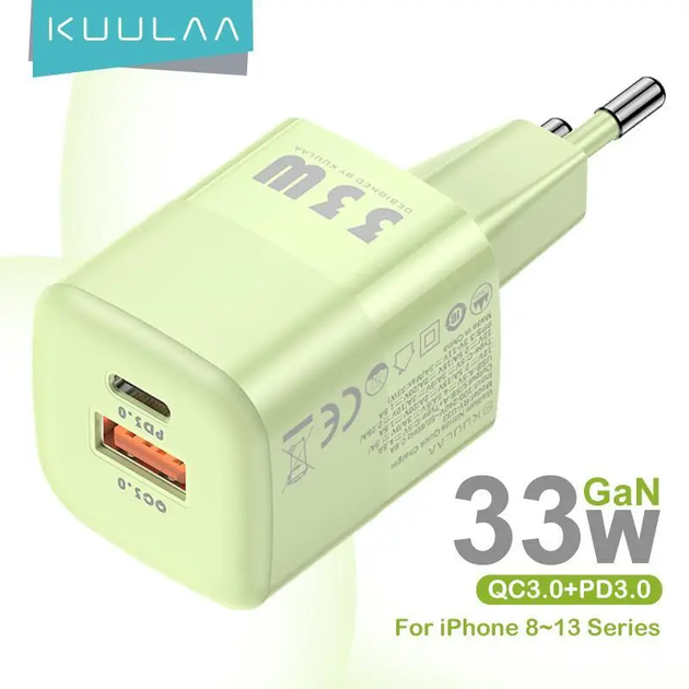 Зарядное устройство KUULAA GaN 33W USB-A QC 3.0 + USB-C PD 3.0 Light Green (RY-U33) - Фото 2 Зарядное устройство KUULAA GaN 33W USB-A QC 3.0 + USB-C PD 3.0 Light Green (RY-U33) - изображение 2