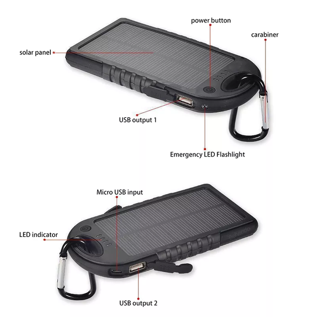 Повербанк на сонячній батареї Solar Charger 10000 mAh Power Bank вологозахищений з LED ліхтариком - Фото 6 Повербанк на сонячній батареї Solar Charger 10000 mAh Power Bank вологозахищений з LED ліхтариком - зображення 6