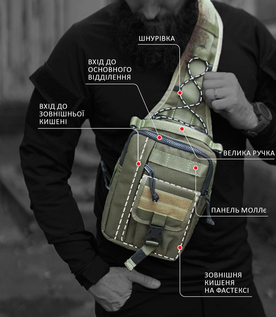 Сумка чоловіча STORMBAG тактична з тканини через плече зелена олива - зображення 2