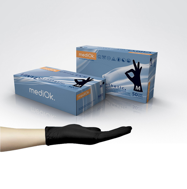 Перчатки медичні Вінілові Синтетичні (Вітріл/Vitryl) MediOk, розмір M, (100 шт./50 пар) чорні - зображення 1