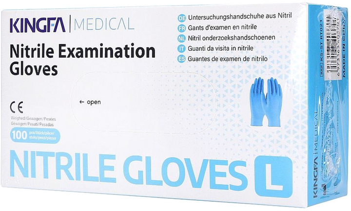 Перчатки нитриловые Kingfa Medical одноразовые, нестерильные, синие без пудры размер L 100 шт (6973163403701) - изображение 1