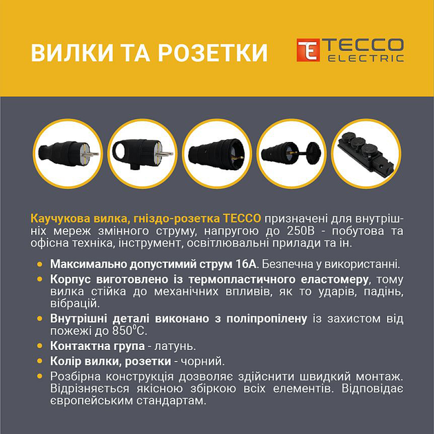 Розетка ТЕССО Каучук 4 поста із заземленням з кришкою 1 шт/уп Чорна ...