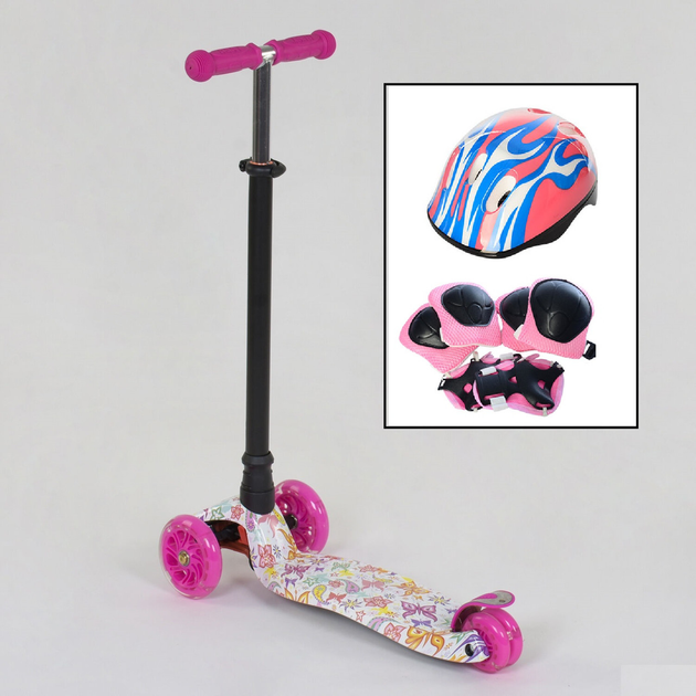 Самокат MAXI Best Scooter 4 колеса свет 60кг Розовый Бабочки с защитой ...