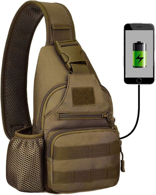 Водонепроницаемая тактическая сумка через плечо Yakmoo с USB-портом для зарядки в стиле милитари Койот - изображение 1