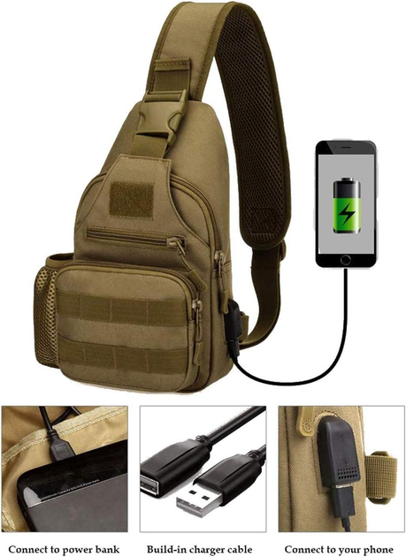 Водонепроницаемая тактическая сумка через плечо Yakmoo с USB-портом для зарядки в стиле милитари Койот - изображение 2