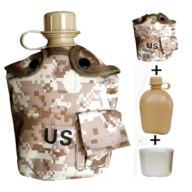 Фляга армейская для воды 1 литр с чехлом и котелком песочный пиксель - изображение 1