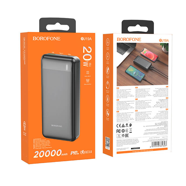 Павербанк BOROFONE Incredible power bank BJ19A 20000mAh |1USB/1Type-C, 20W/3A, PD/QC| black - зображення 2