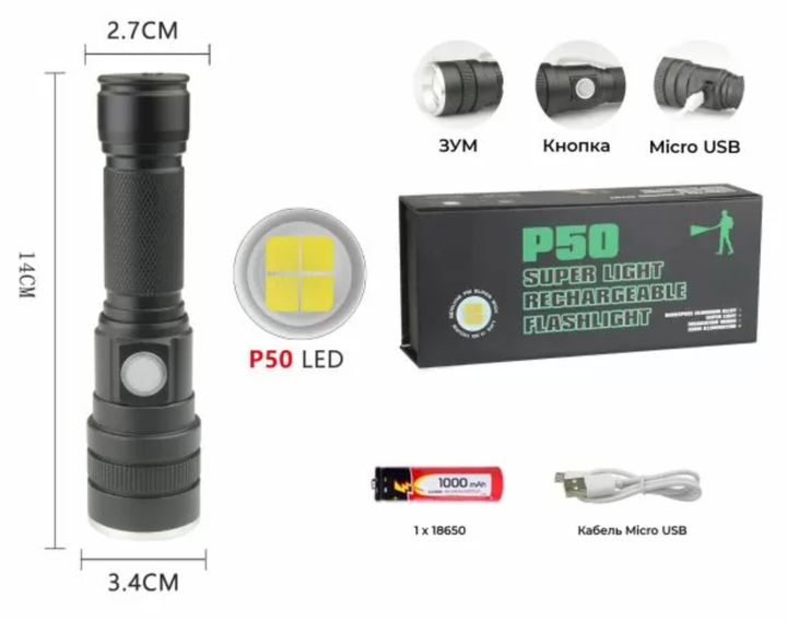 Мощный ручной аккумуляторный фонарь BL-611 с диодом P50 фонарик с ZOOMом (ЗАРЯЖАЕТСЯ ОТ USB) - Фото 2 Мощный ручной аккумуляторный фонарь BL-611 с диодом P50 фонарик с ZOOMом (ЗАРЯЖАЕТСЯ ОТ USB) - изображение 2
