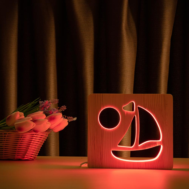 Светильник ночник ArtEco Light из дерева LED "Кораблик" с пультом и ...