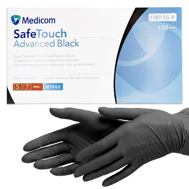 Перчатки нитриловые Medicom S черные 5 г плотные (100 шт/уп) - изображение 2