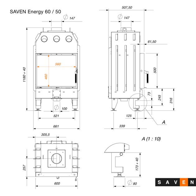 Каминная топка SAVEN Energy 60х50 (14,5 kW) ECO - изображение 3