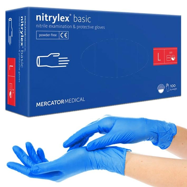Рукавички нітрилові Nitrylex®, щільність 3.2 г. - PF PROTECT / basic - Сині (100 шт) L (8-9) - зображення 1