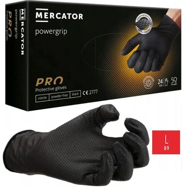 Нитриловые перчатки Cупер прочные GoGrip Mercator Medical, плотность 6.7 г. - черные (50шт/25пар) L (8-9) - изображение 1