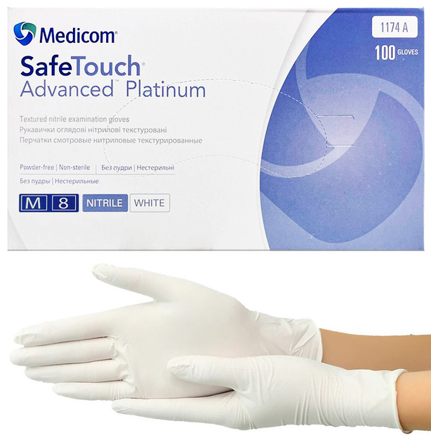 Рукавички нітрилові Medicom SafeTouch Platinum White, щільність 3.8 г. - білі (100 шт) M (7-8) - зображення 1