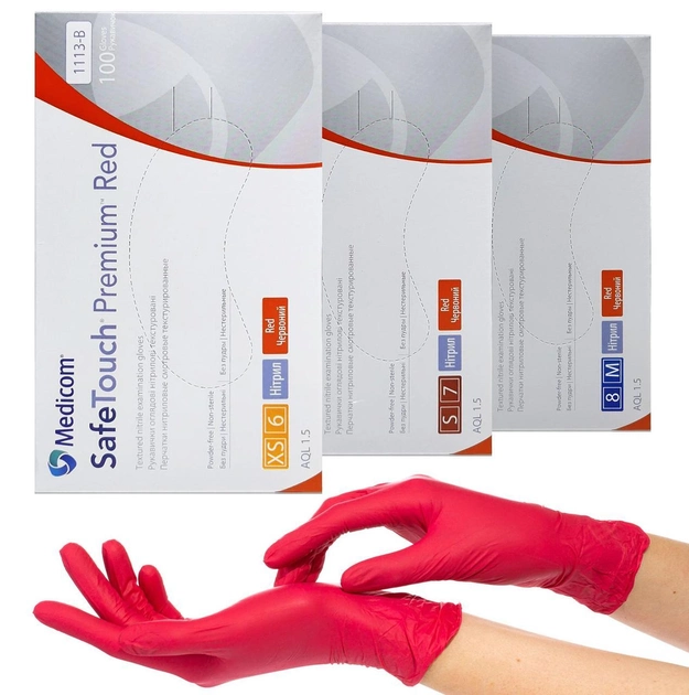 Нитриловые перчатки Medicom SafeTouch Advanced Red, плотность 4 г. - красные (100 шт) XS (5-6) - изображение 1