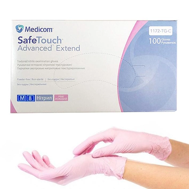 Нитриловые перчатки Medicom SafeTouch Extend Pink, плотность 3.5 г. - розовые (100 шт) M (7-8) - изображение 1