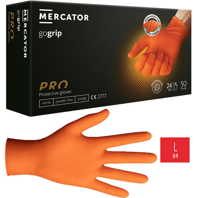 Нитриловые перчатки Cупер прочные Powergrip Mercator Medical, плотность 8.5 г. - оранжевые (50шт/25пар) L - изображение 1